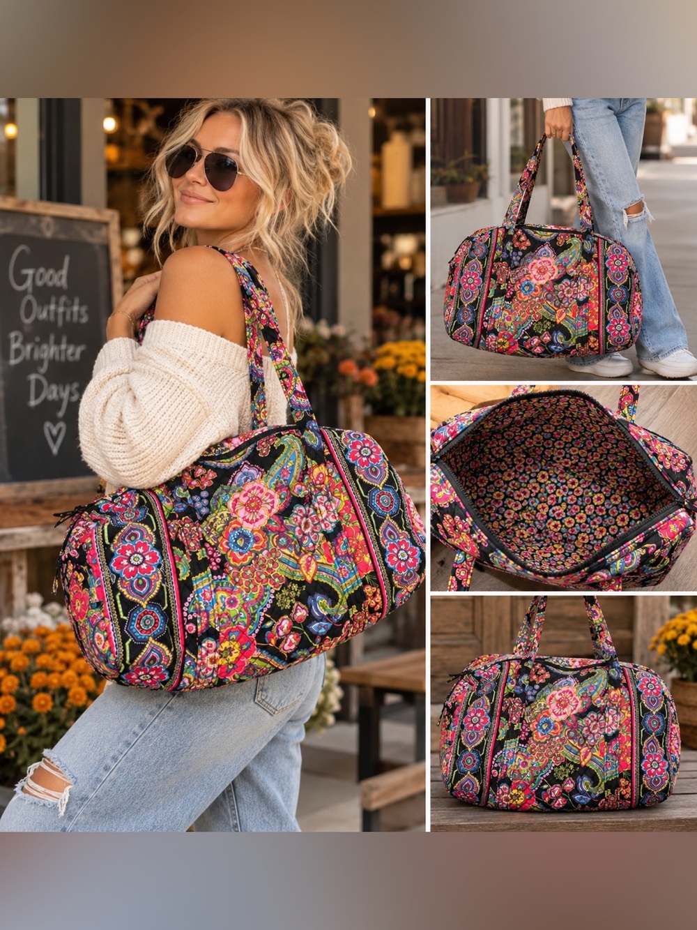 Vera Bradley Quilted Floral Paisley Mini Duffel Shoulder Bag Black Multicolor
